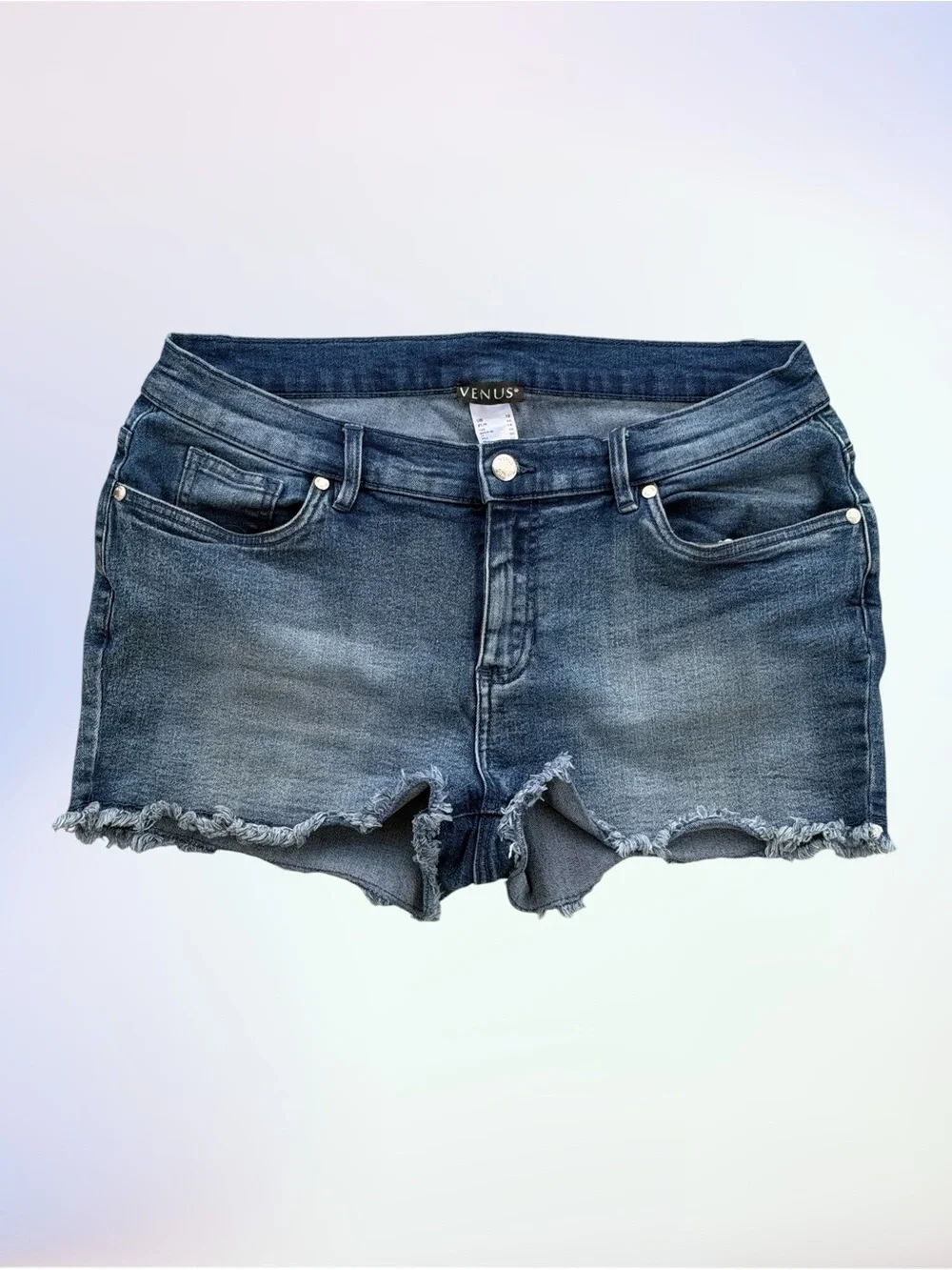 VENUS Medium-Wash Frayed Hem Mid-Rise Blue Denim Short Shorts ~ Women’s 12